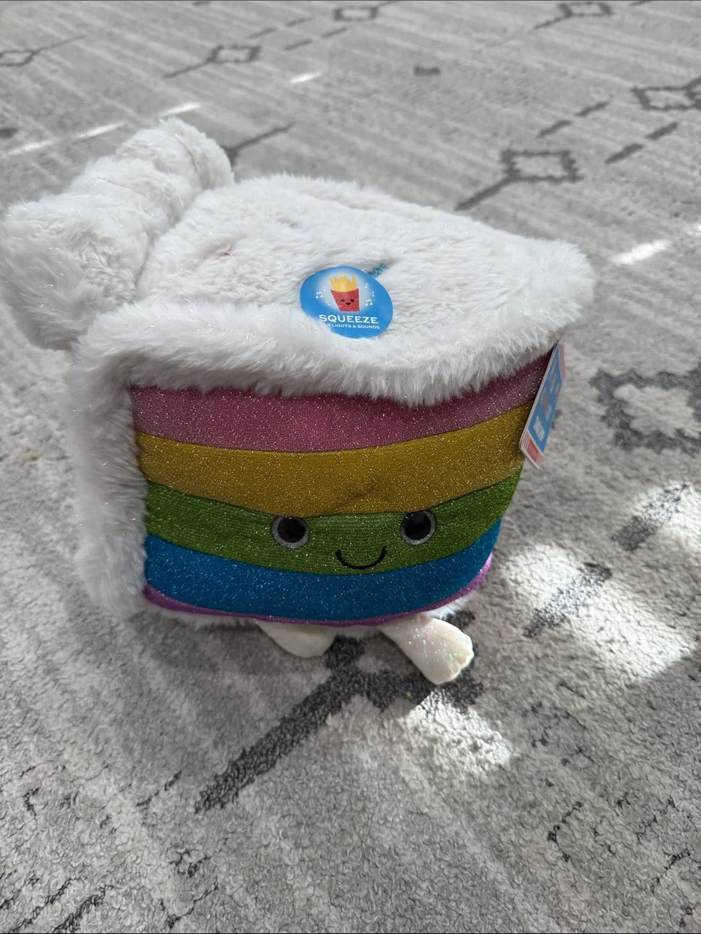 FAO Schwarz Glitter Rainbow Plush with White Faux Fur Hood